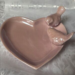 Heart-Shaped Ceramic with Bird Pink Trinket dish .